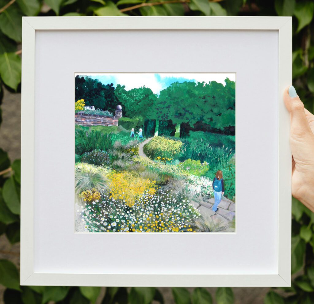 Anthemis an original painting by Claire Leggett. Two hands holding a mocked up framed image of Anthemis - an original painting by Claire Leggett