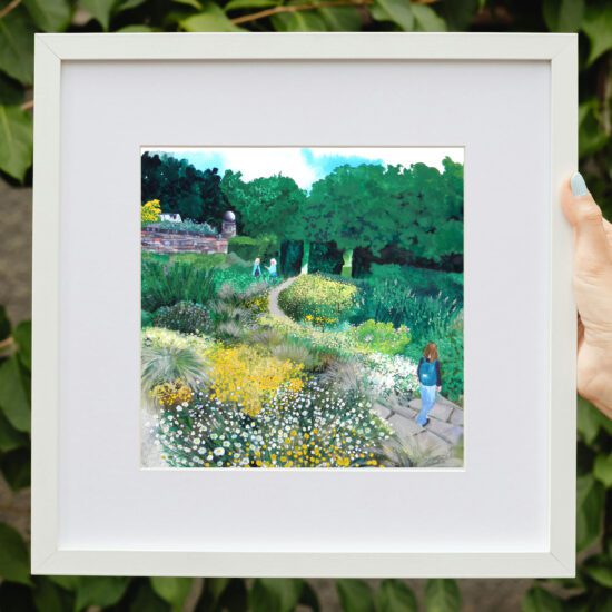 Anthemis an original painting by Claire Leggett. Two hands holding a mocked up framed image of Anthemis - an original painting by Claire Leggett