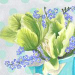 A close up of a Gouache watercolour painting by Claire Leggett depicting green tulips and forget me nots.