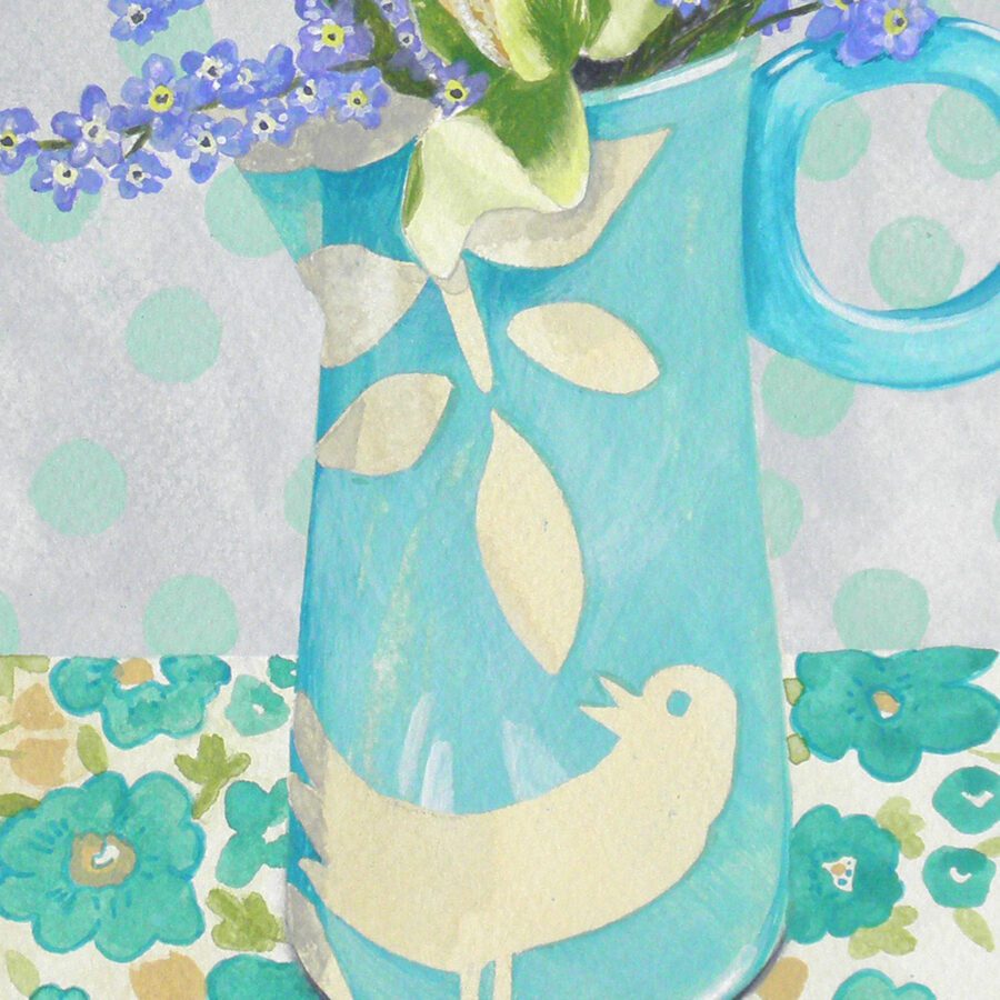 A close up of a Gouache watercolour painting by Claire Leggett depicting green tulips and forget me nots.