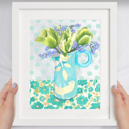 Spring Green by Claire Leggett. Two hands holding a mocked up framed image of Spring Green - an original watercolour painting by Claire Leggett